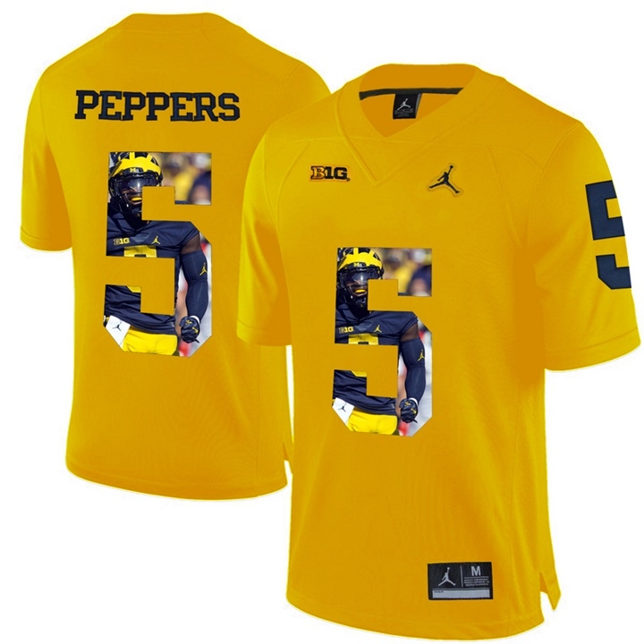Michigan Wolverines Men's NCAA Jabrill Peppers #5 Yellow Printing Player Portrait Premier College Football Jersey OOZ1749UW
